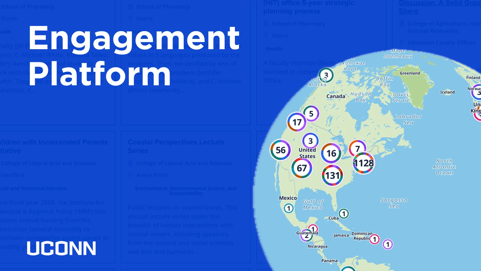 UConn Engagement Platform with a globe of mapped activities
